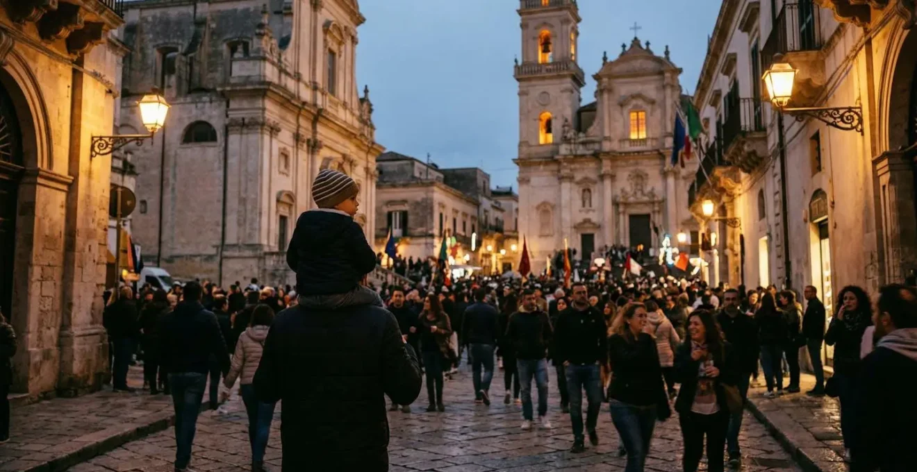 Padre che porta il bambino sulle spalle durante la festa patronale