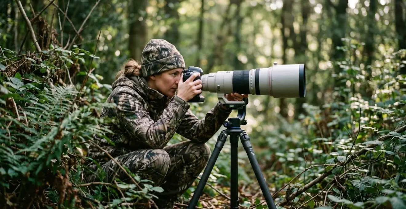 Fotografo naturalista con teleobiettivo che osserva la fauna da distanza rispettosa