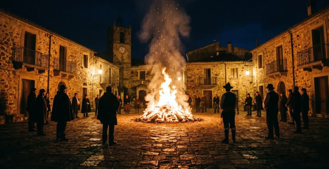 Falò di Sant'Antonio in piazza con partecipanti a distanza rispettosa in Barbagia