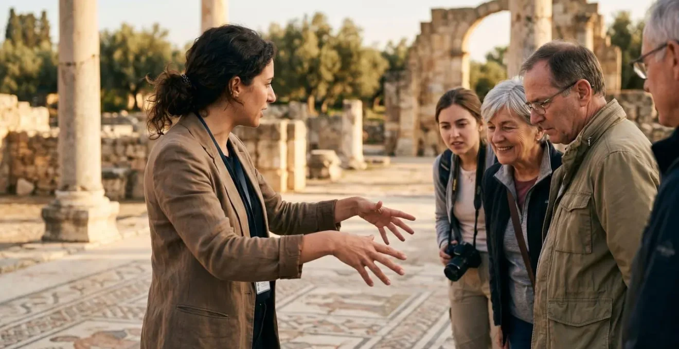 Guida archeologica certificata mostra reperti a piccolo gruppo di visitatori