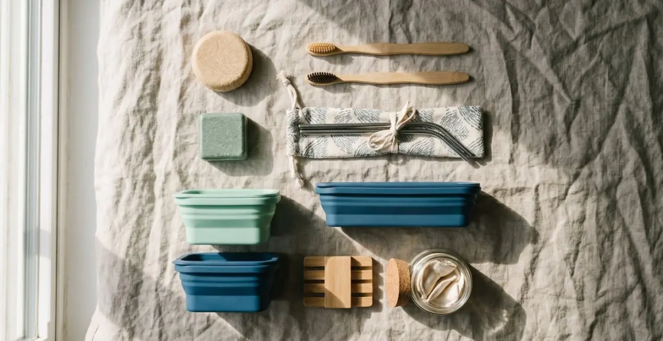 Kit da viaggio zero waste organizzato con prodotti solidi e riutilizzabili