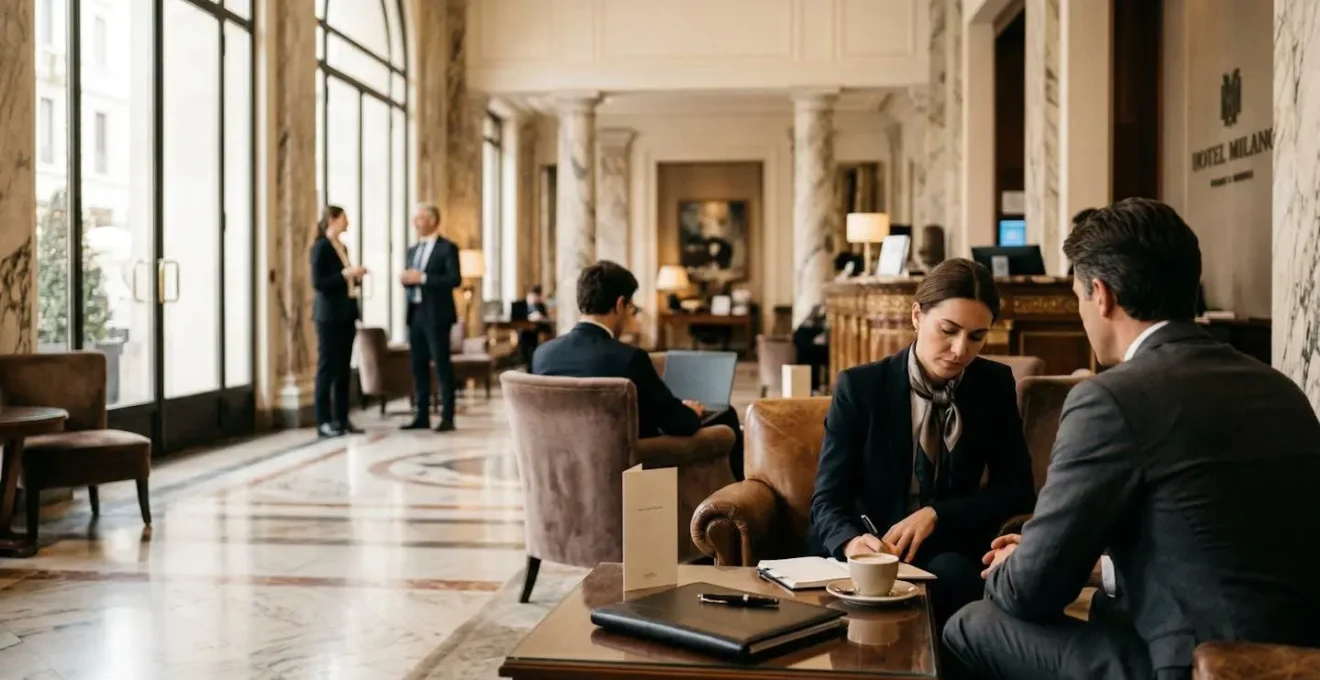Elegante lobby di hotel milanese con professionisti che lavorano in spazi aperti e luminosi