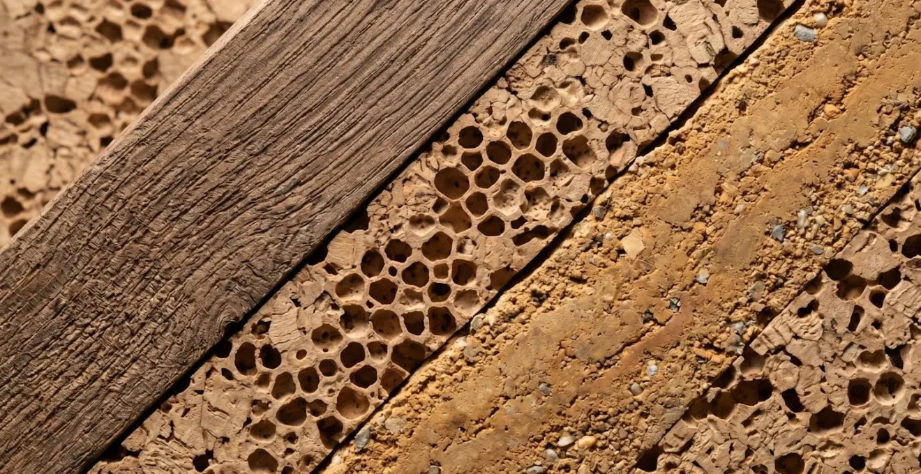 Dettaglio macro di parete in legno certificato e isolamento in sughero naturale