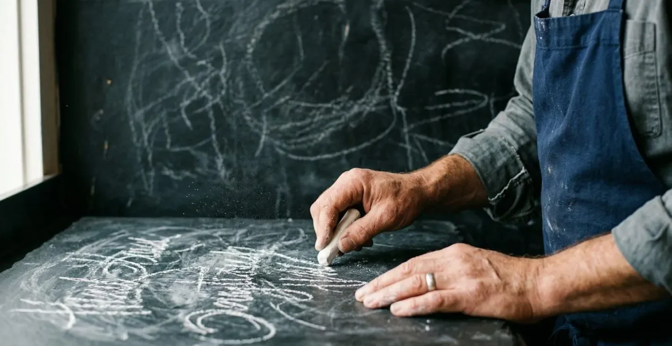 Menu elegante scritto a mano su lavagna con ingredienti stagionali e produttori locali