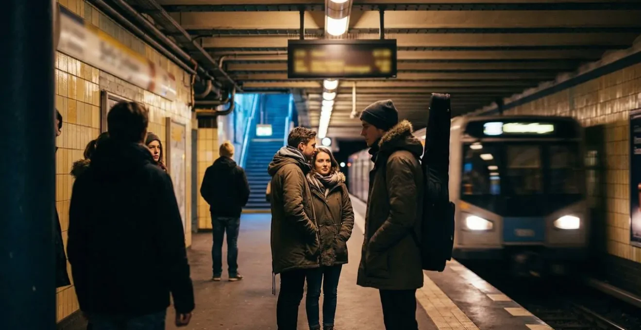 Stazione metro di Berlino di notte con luci al neon e atmosfera urbana
