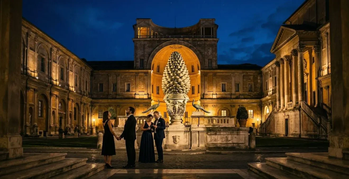 Cortile della Pigna illuminato di notte con pochi visitatori