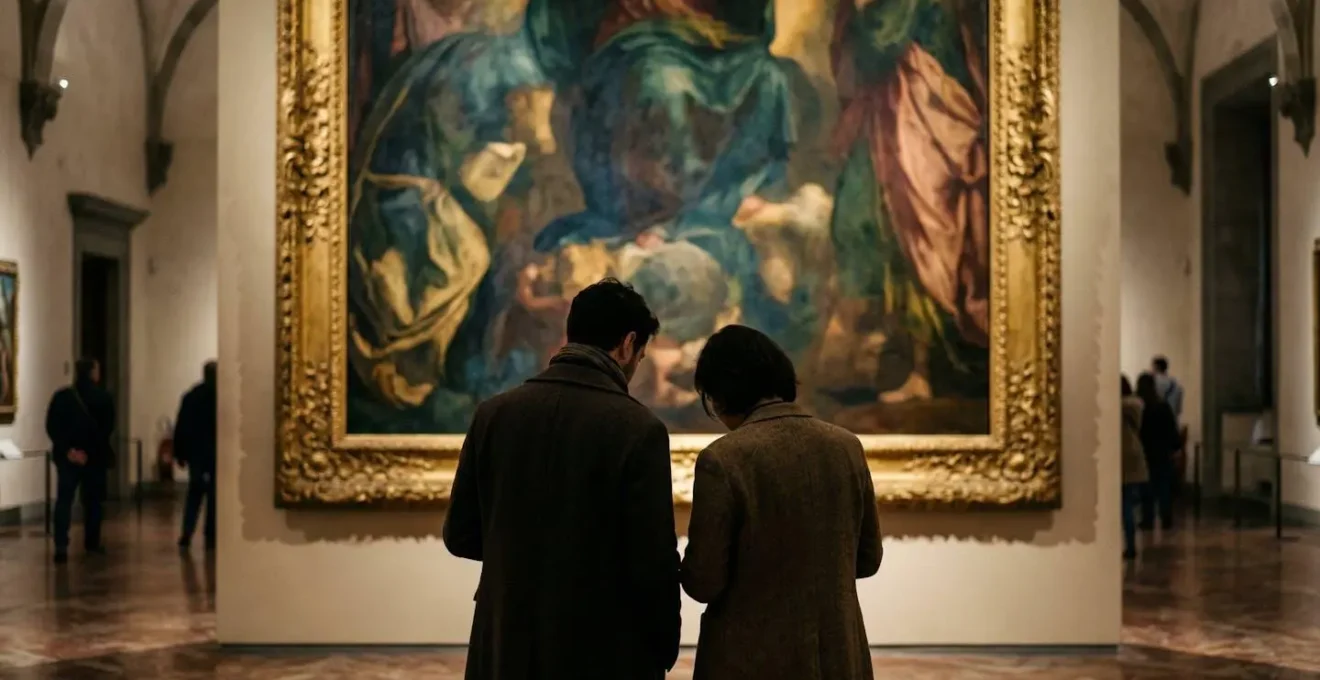 Visitatori che ammirano un dipinto rinascimentale in una sala museo fiorentina