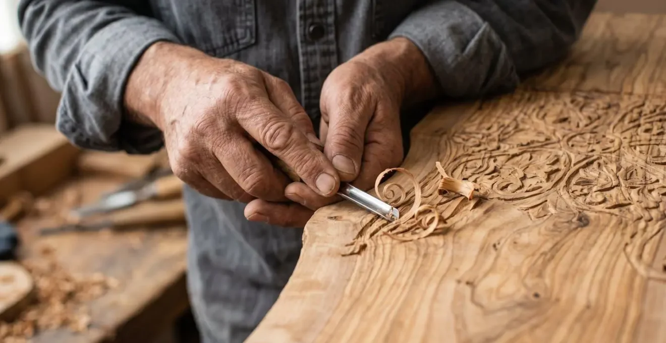 Dettaglio macro delle mani di un artigiano che lavora il legno con strumenti tradizionali