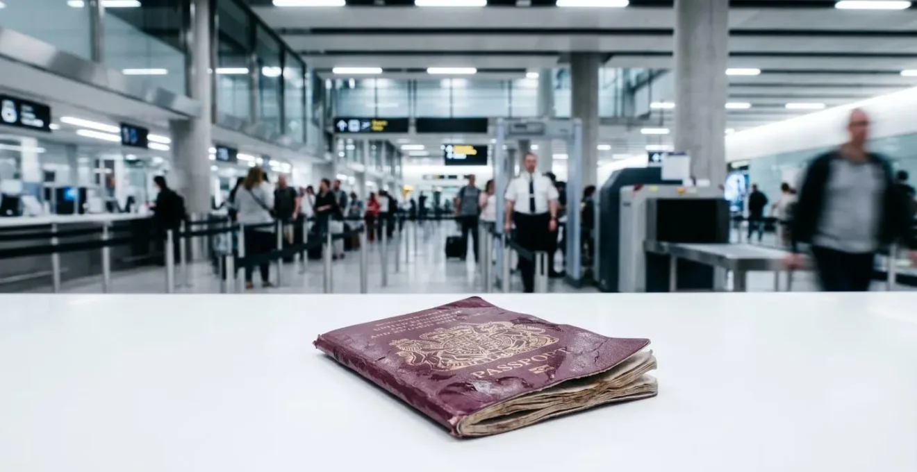 Dettagli di un passaporto con segni di danneggiamento da acqua su sfondo di controllo sicurezza