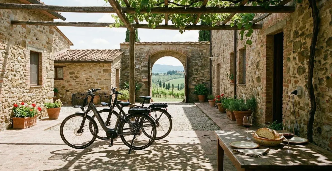 E-bike in ricarica nel cortile ombreggiato di un agriturismo toscano durante pranzo
