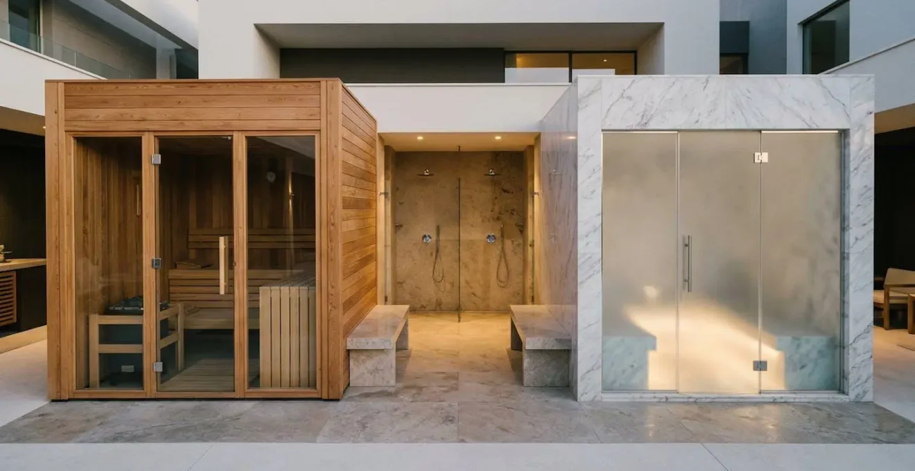 Vista dall'alto di un percorso spa con sauna e bagno turco separati da zona docce