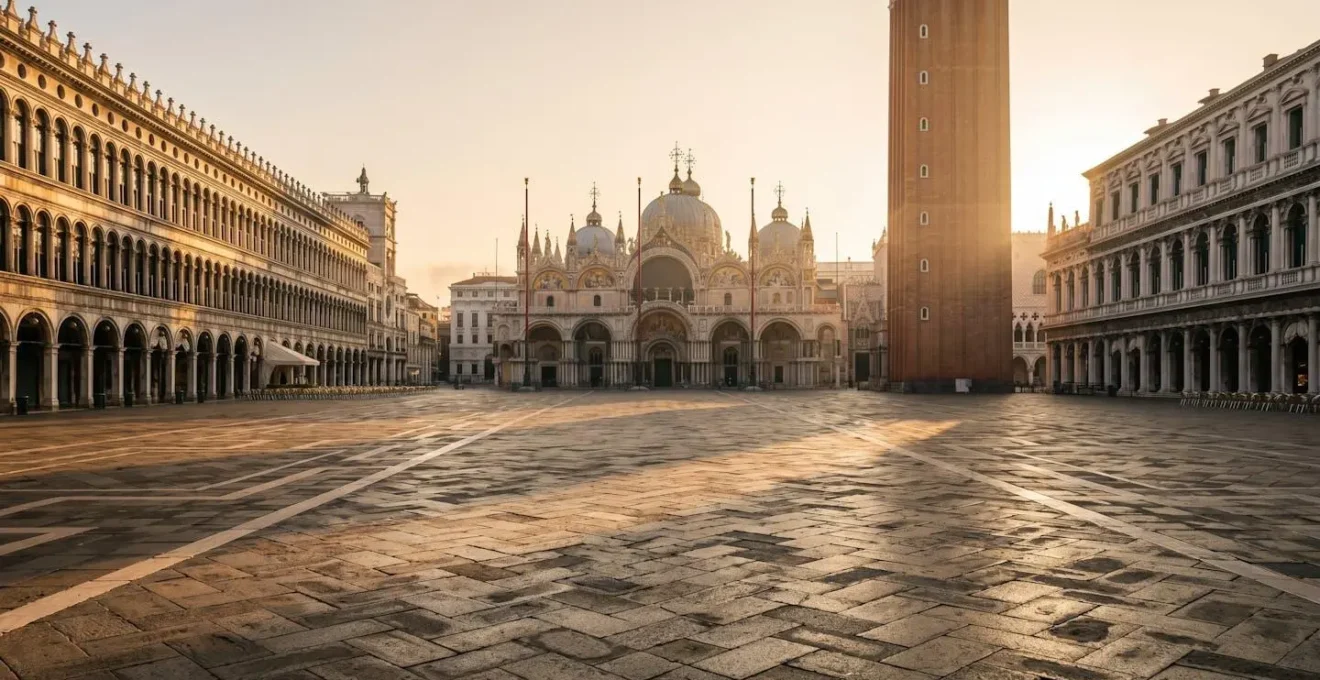 Piazza San Marco vuota all'alba con la luce dorata sui mosaici