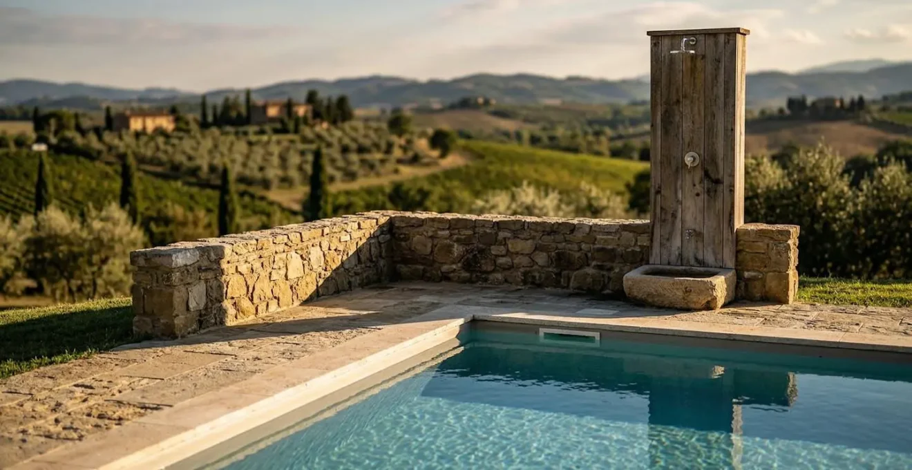 Piscina di agriturismo con area sicurezza e pannello informativo