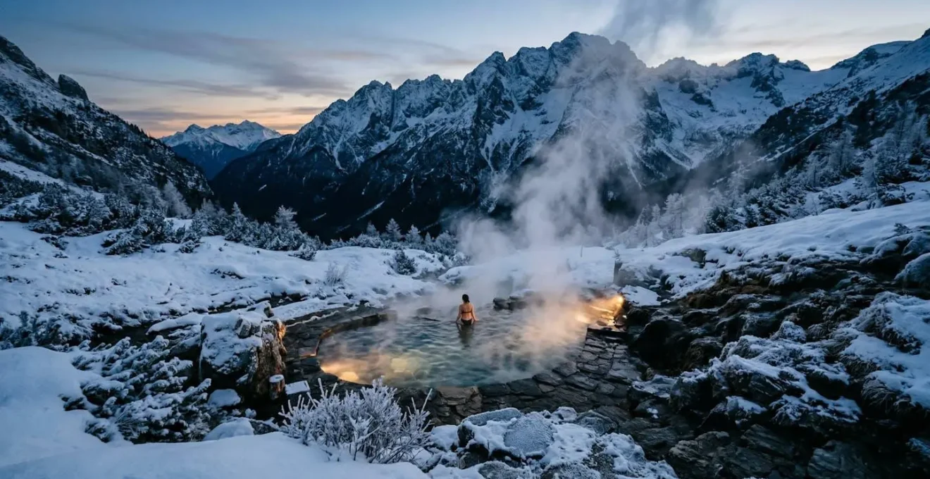 Piscina termale all'aperto in inverno con vapore che sale nella neve