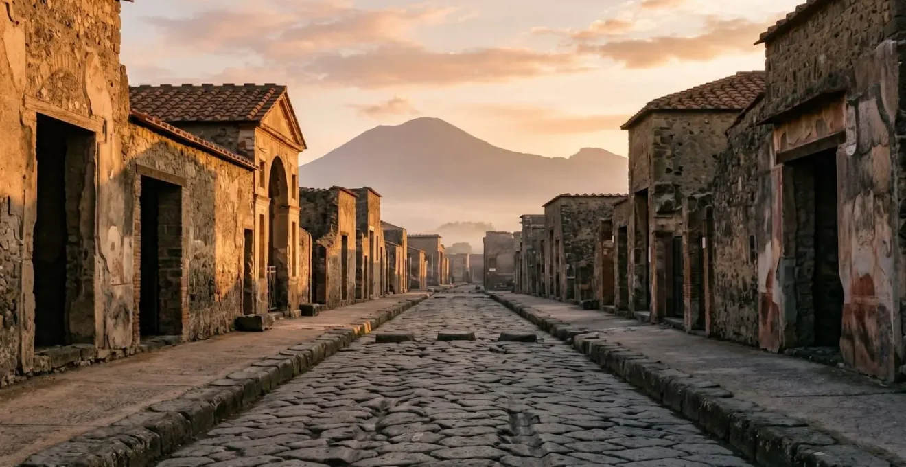 Via antica di Pompei all'alba con lunghe ombre e assenza di turisti