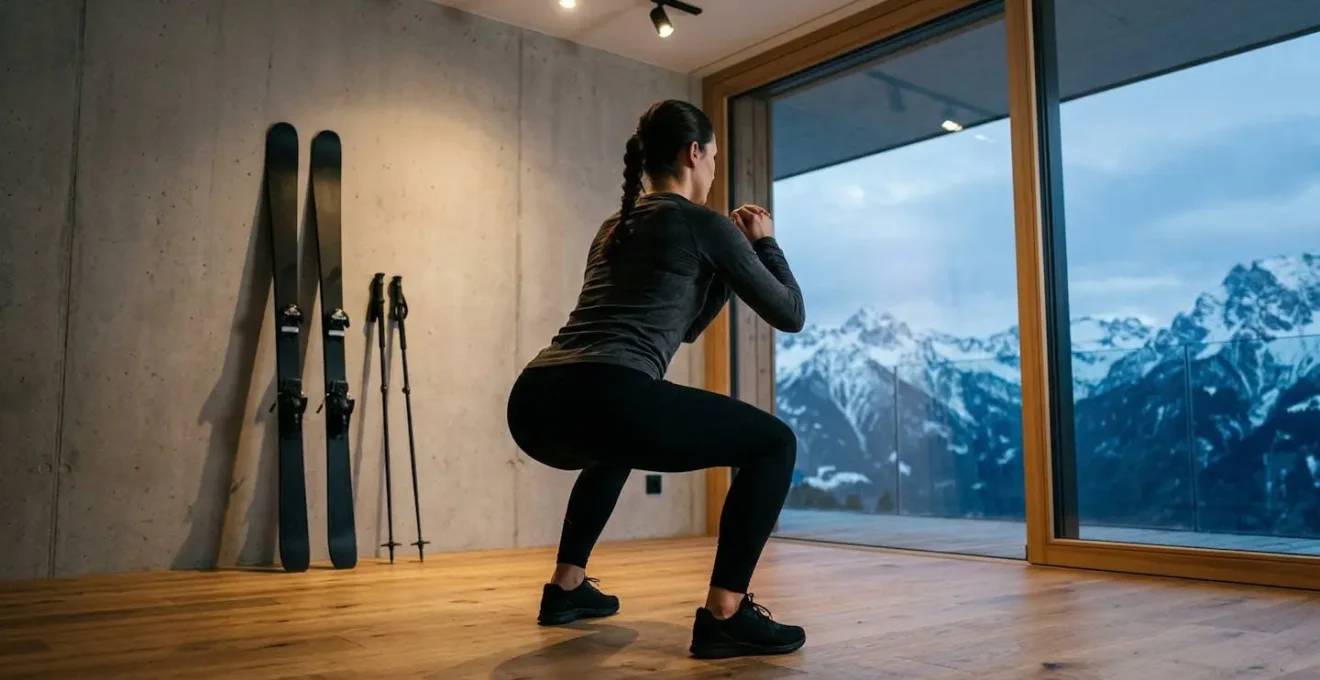 Persona che esegue squat in salotto con vista montagne dalla finestra, attrezzatura da sci appoggiata al muro