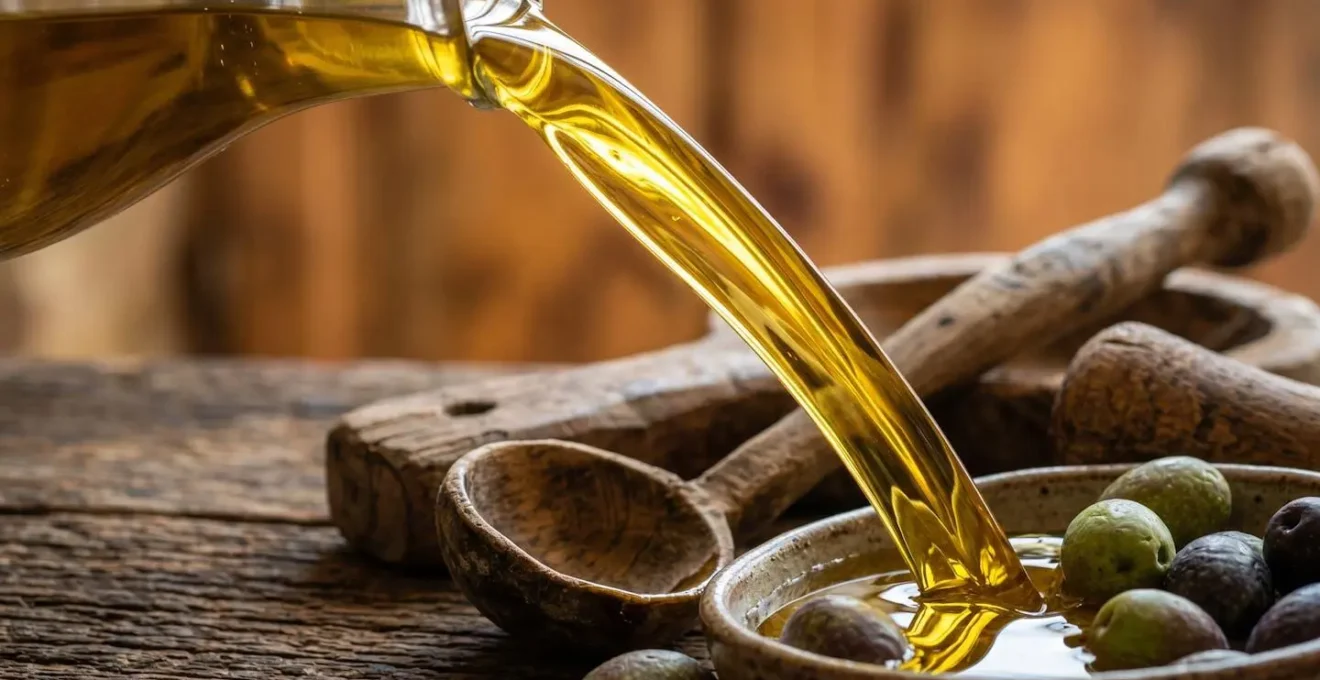 Dettaglio macro di olio d'oliva artigianale con olive toscane