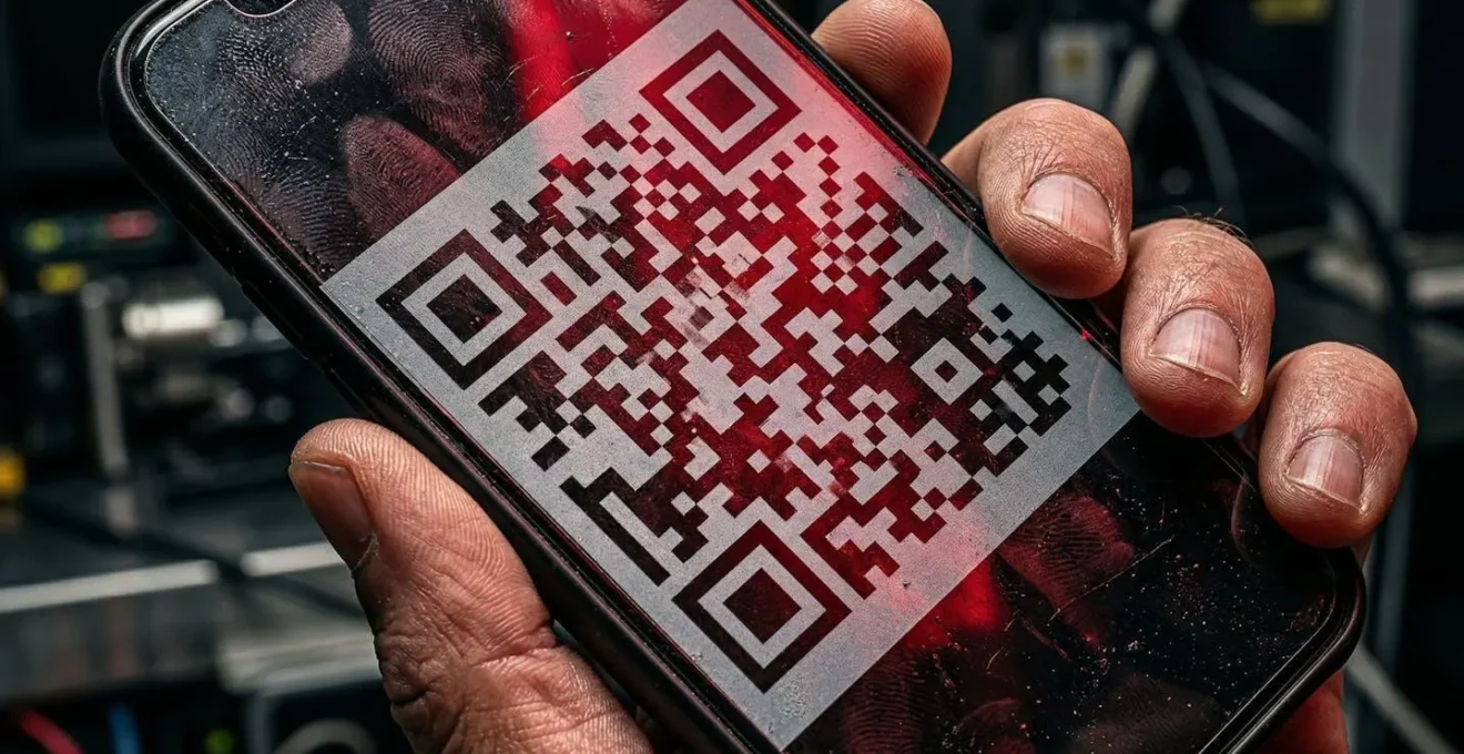 Mano con smartphone che mostra codice QR con simbolo di errore rosso