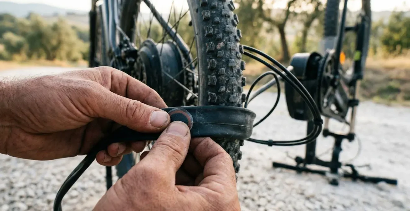 Mani esperte che riparano una foratura su ruota posteriore di e-bike con kit attrezzi