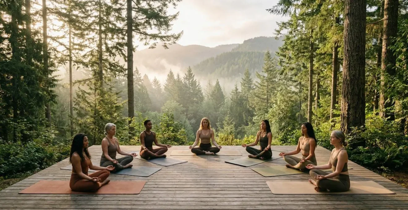 Gruppo di praticanti yoga in meditazione all'aperto durante un ritiro