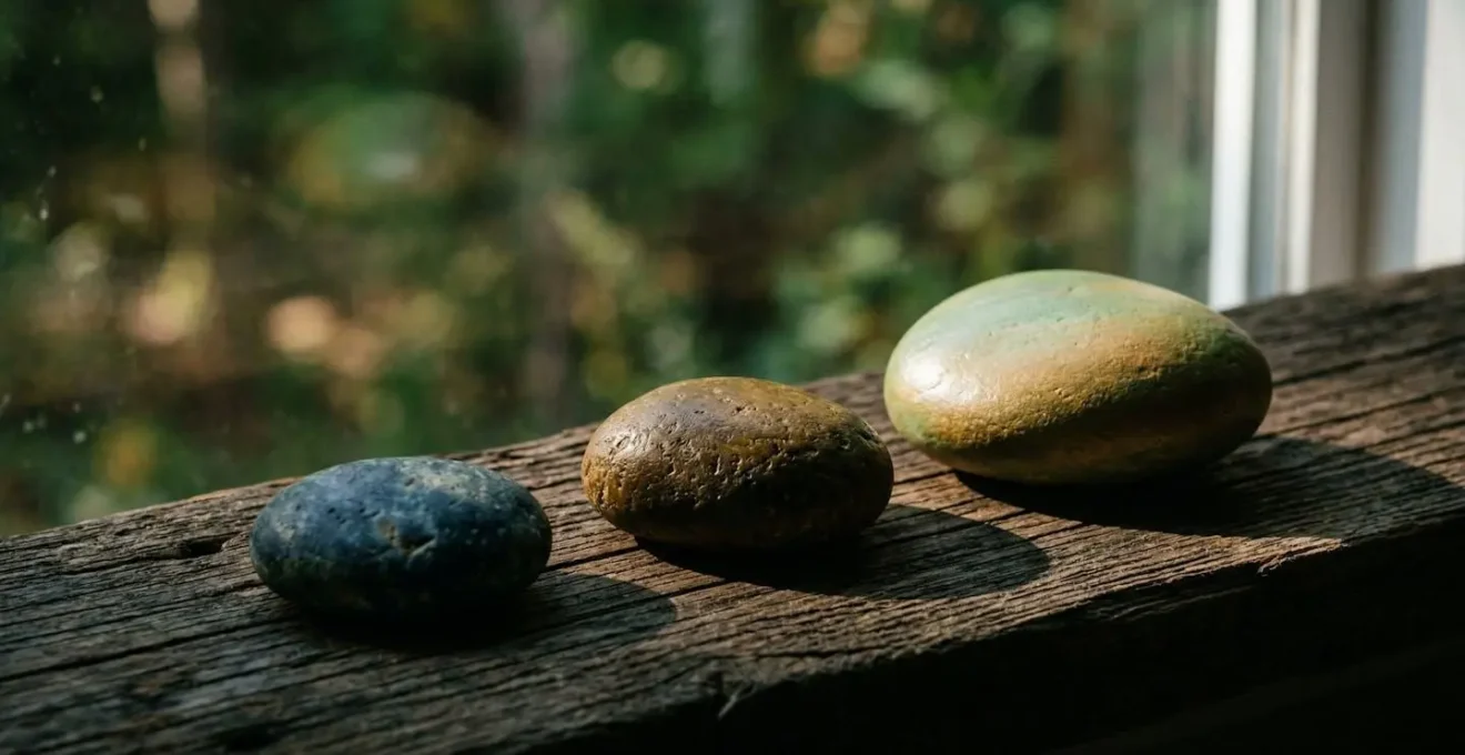 Visualizzazione artistica delle fasi neurochimiche durante il detox digitale con tre pietre che simboleggiano l'ansia, il vuoto e la chiarezza.