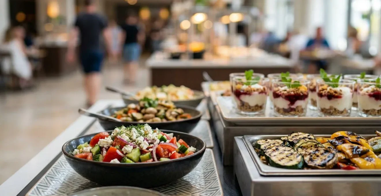 Ampia sala buffet con diverse isole gastronomiche e famiglie che scelgono il cibo
