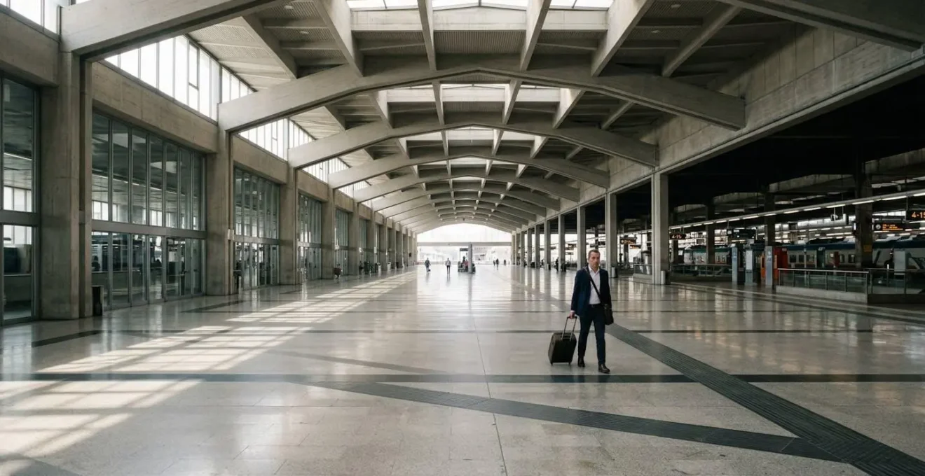 Vista panoramica dell'interno di Roma Termini con lunghi corridoi verso i binari distanti