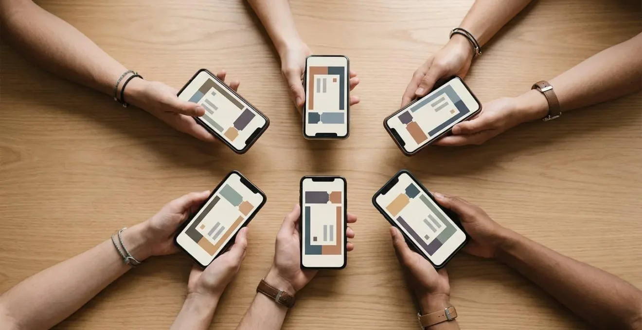 Gruppo di viaggiatori che effettua il check-in su smartphone in momenti diversi