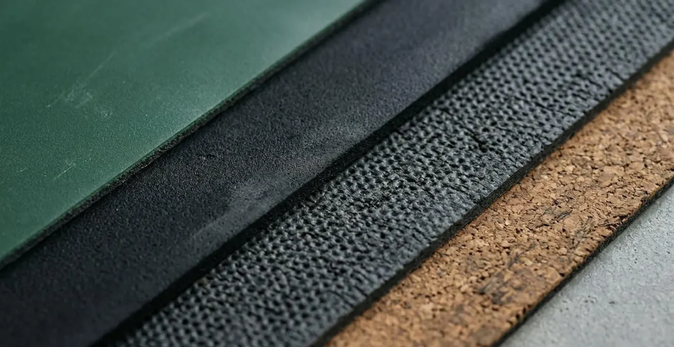 Confronto visivo di diversi materiali per tappetini yoga mostrando texture e spessore