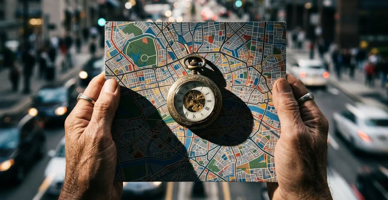 Turista che riflette davanti a una mappa con orologio sullo sfondo