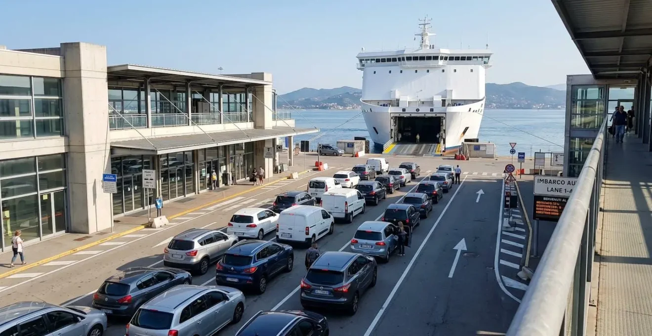 Veduta ampia di un terminal d'imbarco traghetti moderno con file ordinate di automobili in attesa, architettura portuale italiana contemporanea, luce diurna intensa
