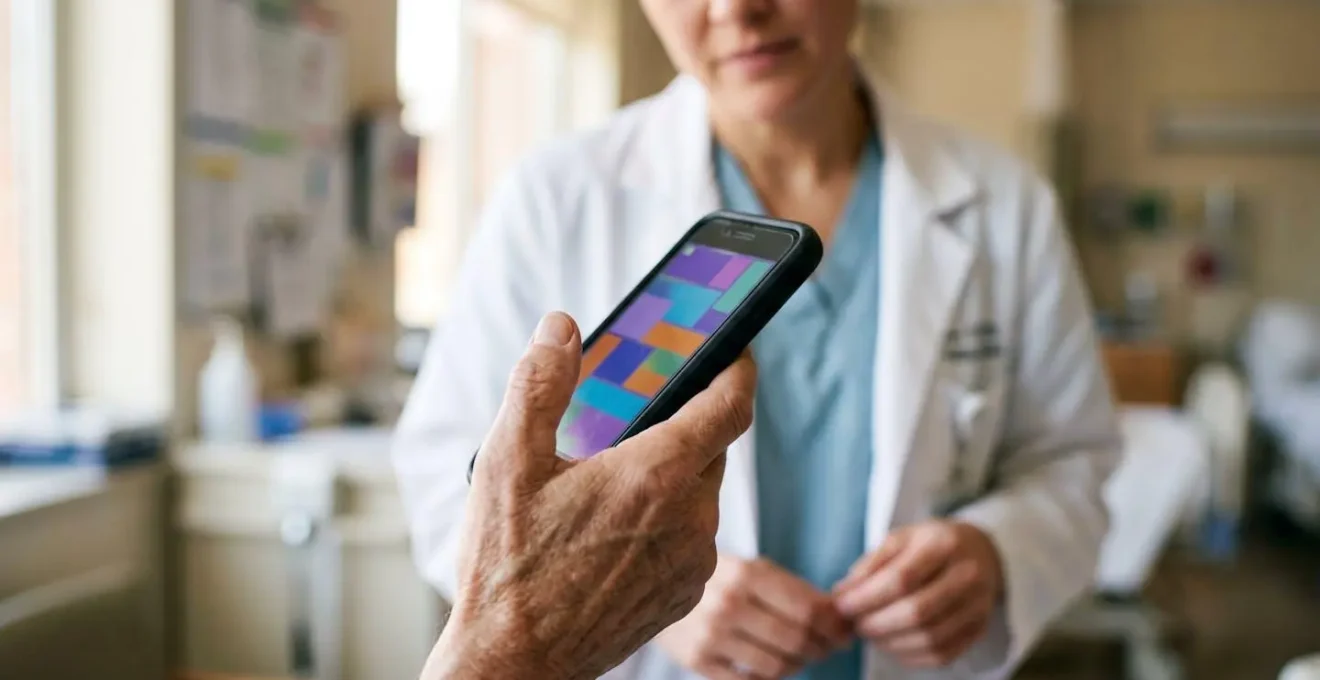 Mano che mostra smartphone con schermata di traduzione a personale medico