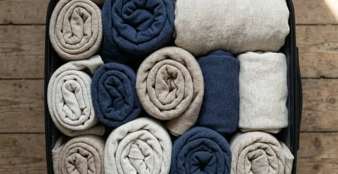 Valigia aperta con vestiti piegati ordinatamente in tonalità neutre