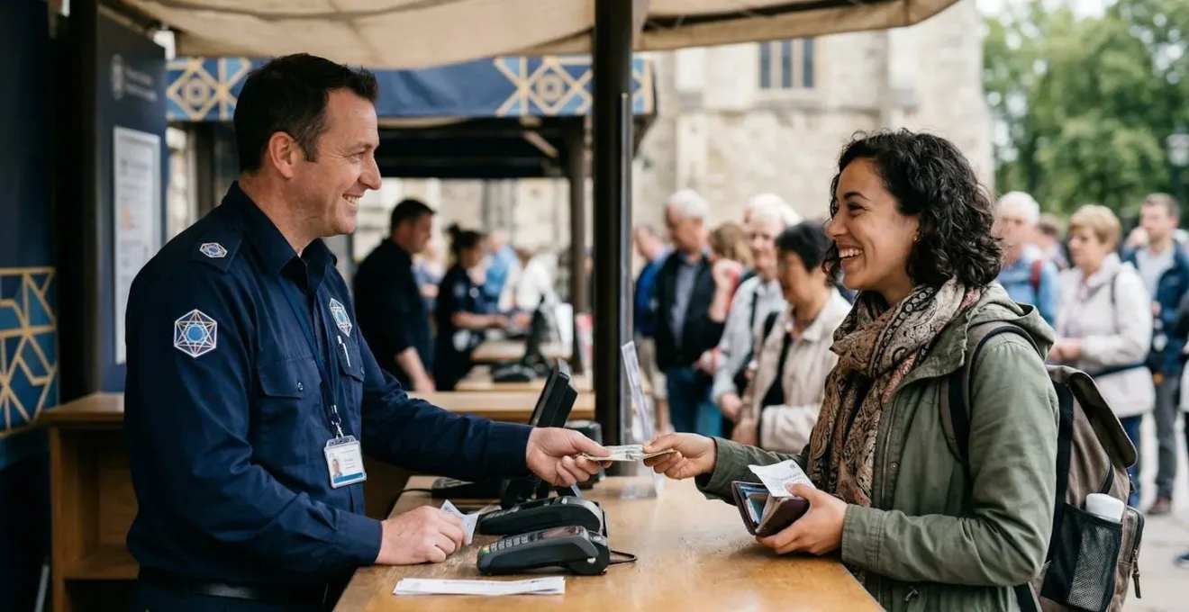 Turista che acquista biglietto da rivenditore ufficiale con divisa presso chiosco autorizzato