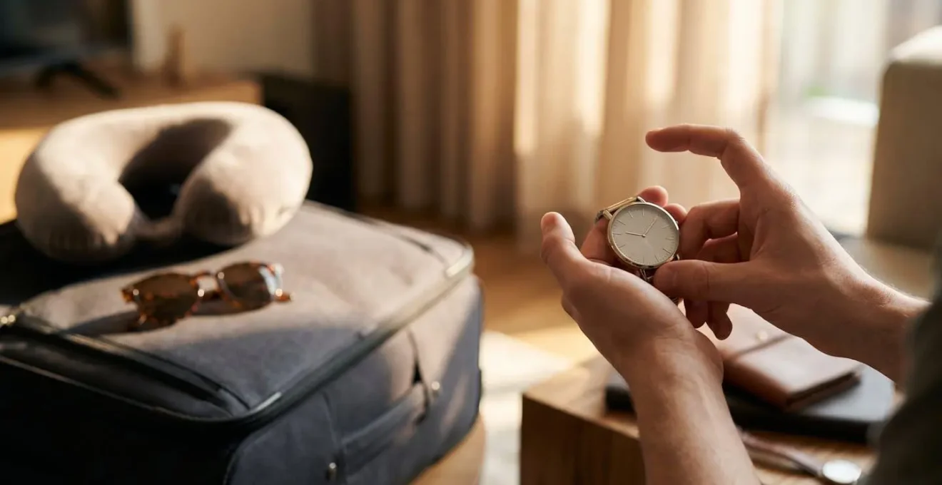 Viaggiatore stressato con valigia e documenti in attesa urgente
