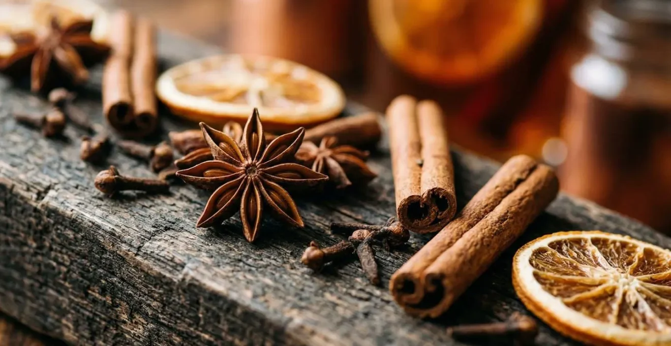 Dettaglio macro di spezie intere per vin brulé con anice stellato, cannella e chiodi di garofano