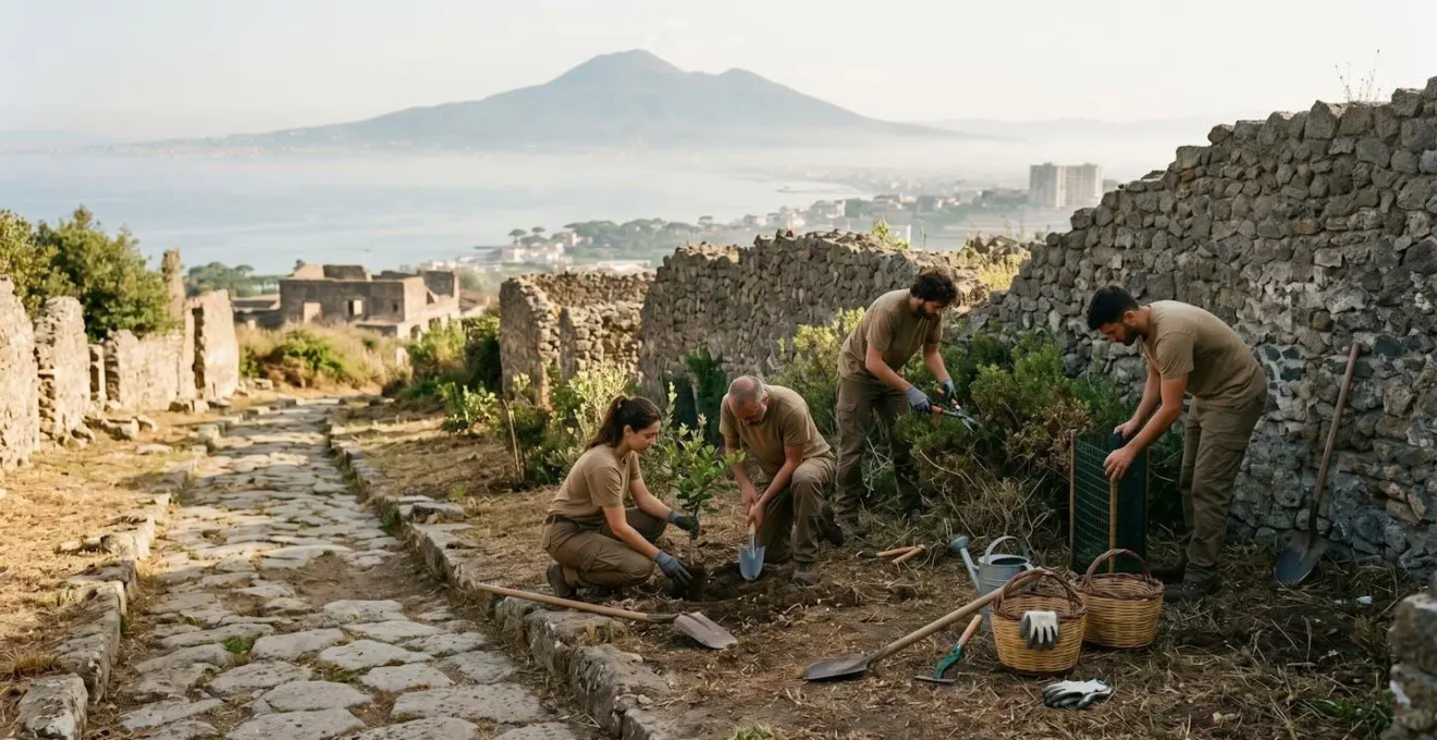 Gruppo di volontari che curano la vegetazione intorno agli scavi archeologici