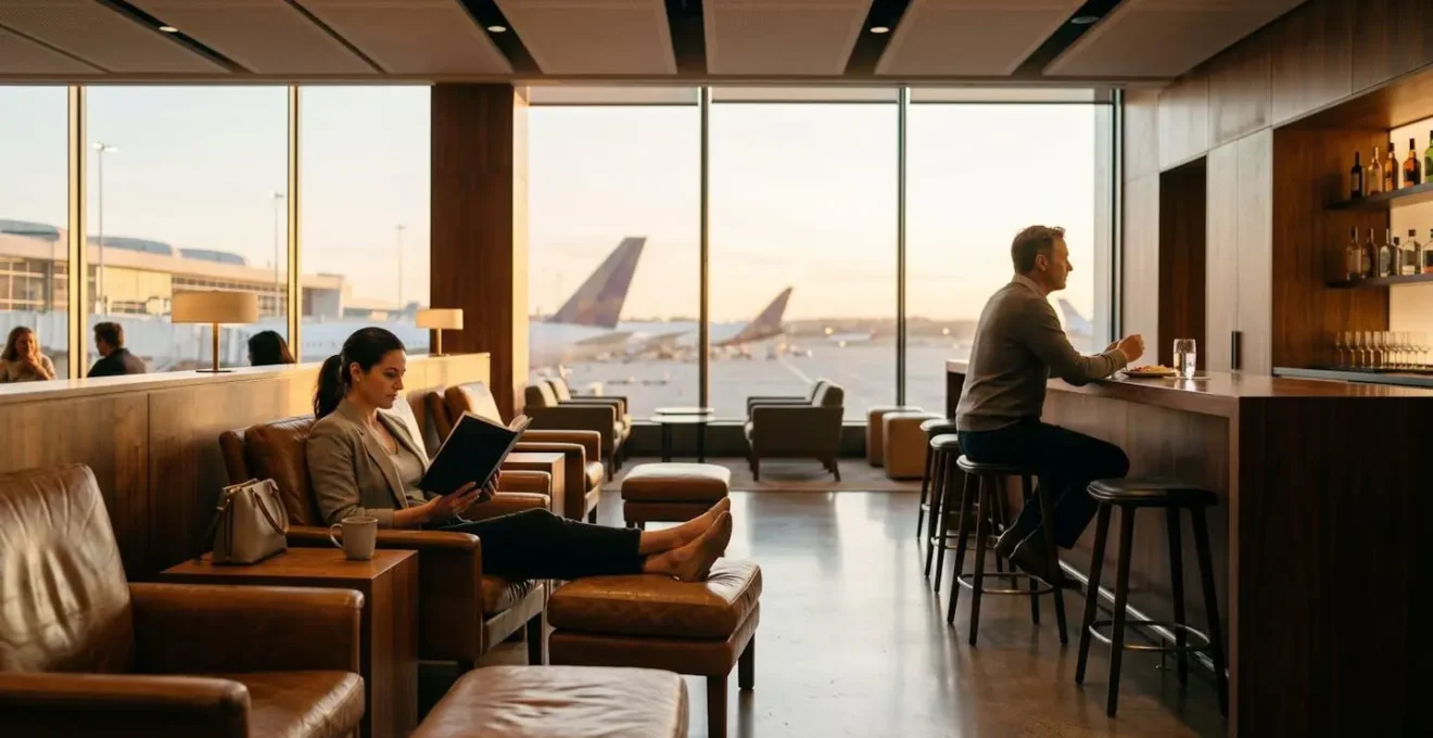 Elegante lounge aeroportuale con viaggiatori che si rilassano prima del volo